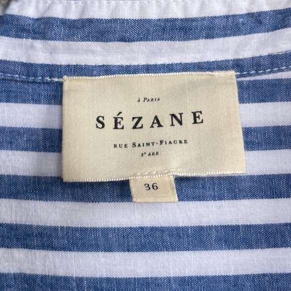 SEZANE Classic Oversized Blue & White Striped Linen Cotton Button Down Max Shirt - Picture 14 of 17